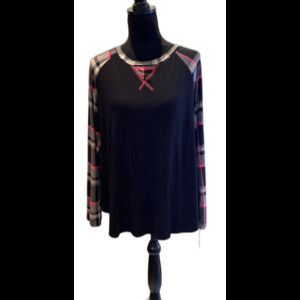 Sew In Love Blouse Size Large Top Black w Plaid Pink Raglan sleeves + Stretch